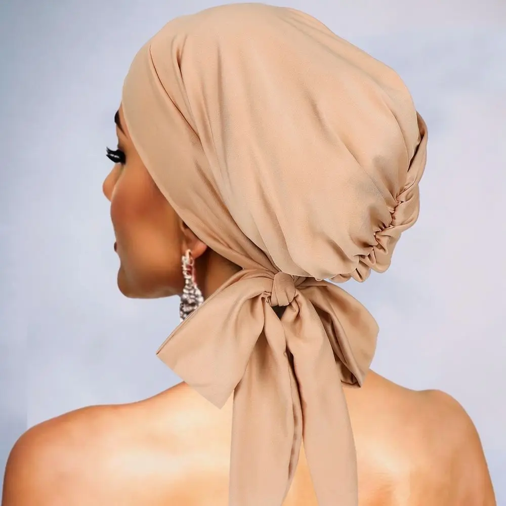 Soft Breathable Turban Hat For Musily Women Elastic Long Tail Bowknot Wrap Polyester Comfortable Chemo Beanie Headcover