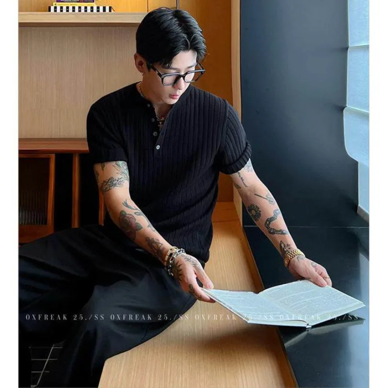 Summer knitted sweater short-sleeved T-shirt men's Henry collar slim and thin solid color ice silk