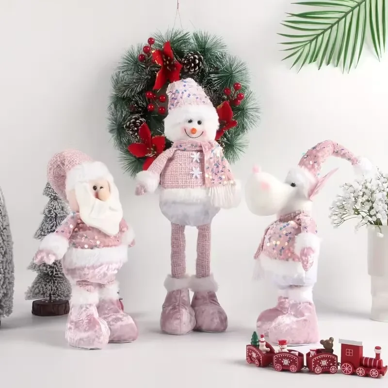 Adjustable Height Standing Pink Reindeer Santa Snowman Figurines Tabletop Home Decor for Christmas Thanksgiving New Year Decor