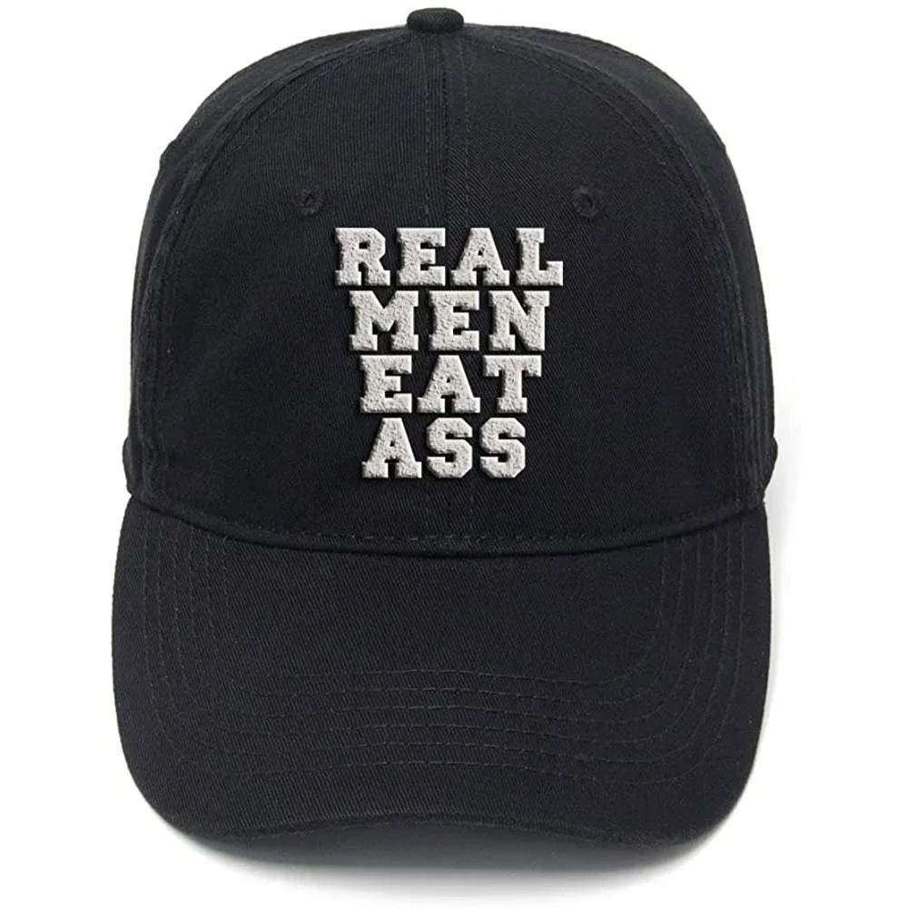 Lyprerazy Real Men Eat Ass Funny Washed Cotton Adjustable Men Women Unisex Hip Hop Cool Flock Printing Baseball Cap