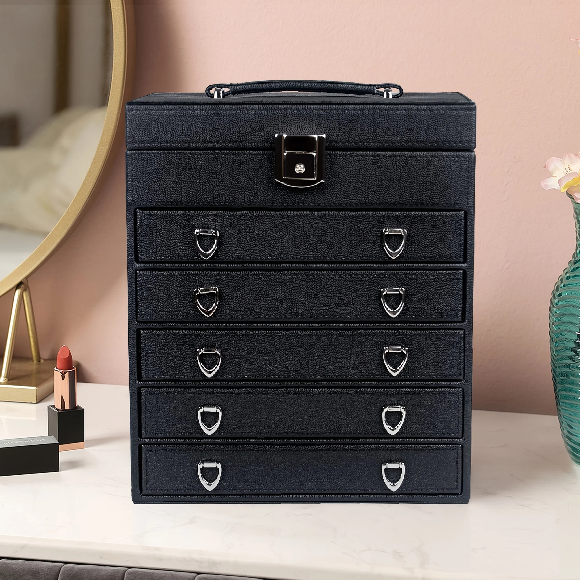 6-Layer Large Leather Jewelry Box for Women, Jewelry Organizer Box with Mirror for Necklaces, Rings, Bracelets Jewelry, Ideal