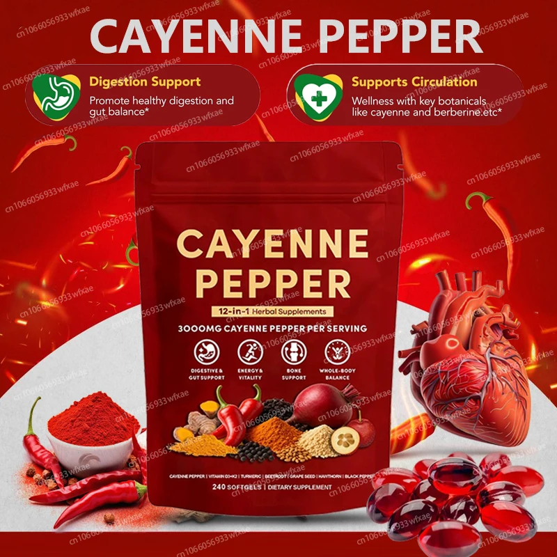 

240 Softgels Cayenne Pepper Supplements 12-in-1 Complex Supports Heart Health,Circulation & Leg Vein Wellness and Digestive Gut