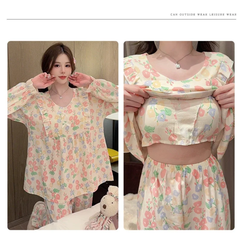 110kg Large Size 2PCS/Set Women Pajamas with Chest Pads Korean Spring Cloud Cotton Loose Homewear Can Be Worn Outside Loungewear