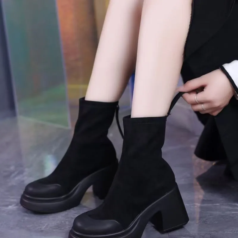 

Осенне-зимние ботильоны на массивном каблуке 2024, женские замшевые ботильоны, стильные и удобные короткие ботинки с квадратным носком на каждый день