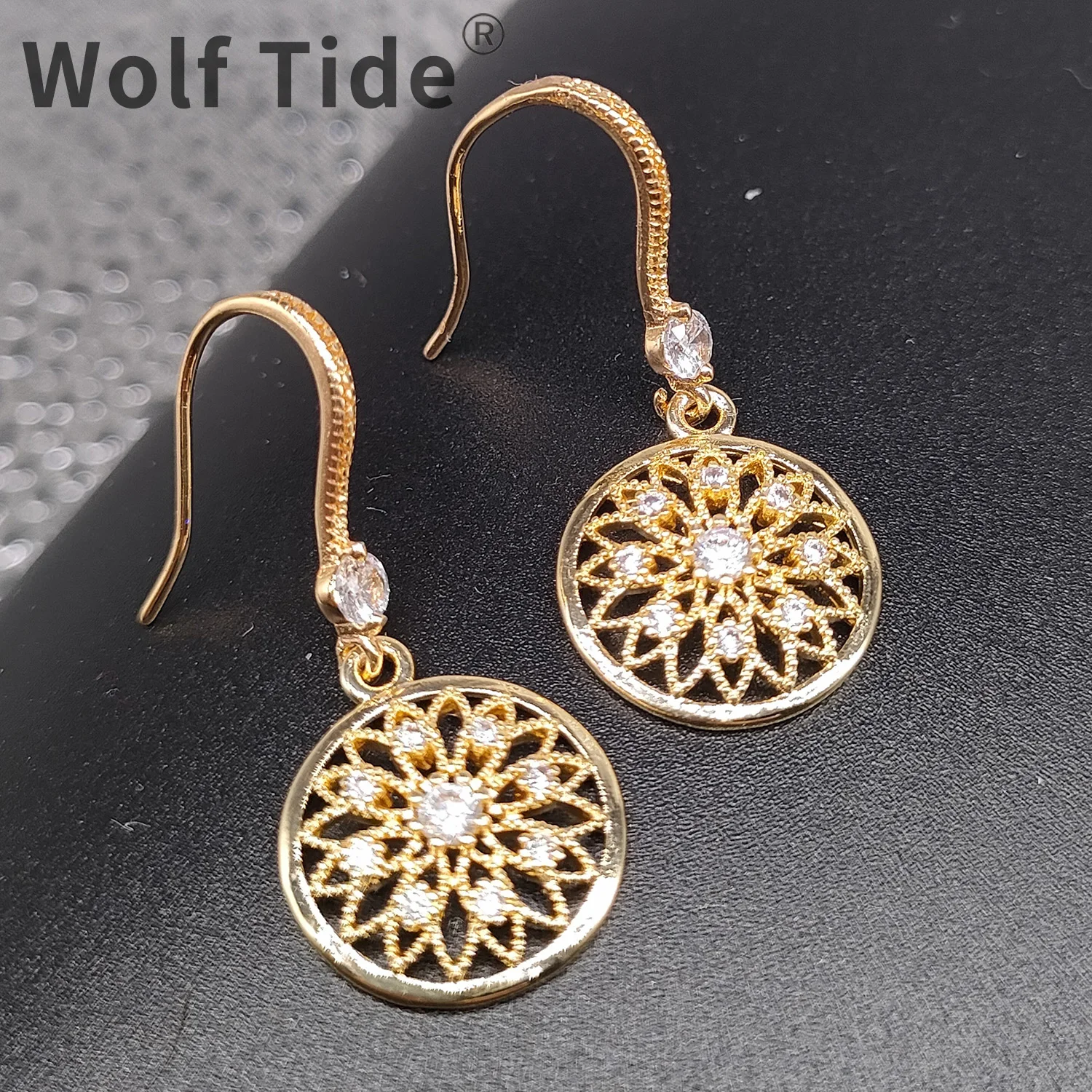 Wolf Tide New Round Ciligree Dangle Star Hook Earrings for Women Gold Plated Y2k Cubic Zirconia Bling Ear Jewelry Accessories