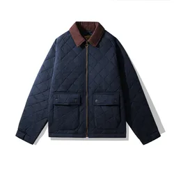 American Retro Diamond Shaped Quilted Corduroy Collar Loose Shoulder Autumn Winter Cotton Padded Workwear Jacket for Men Amekaji