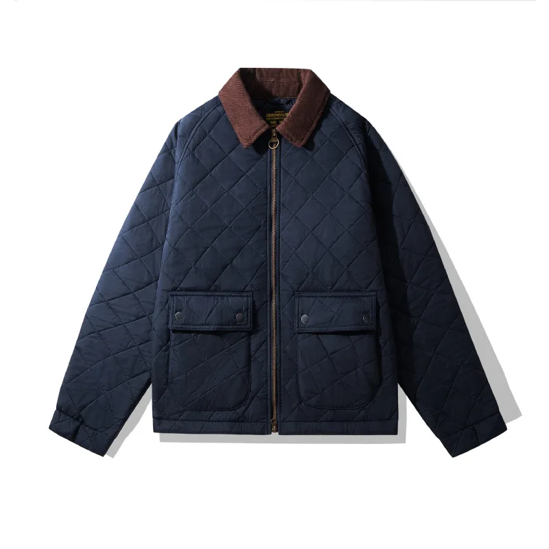 American Retro Diamond Shaped Quilted Corduroy Collar Loose Shoulder Autumn Winter Cotton Padded Workwear Jacket for Men Amekaji