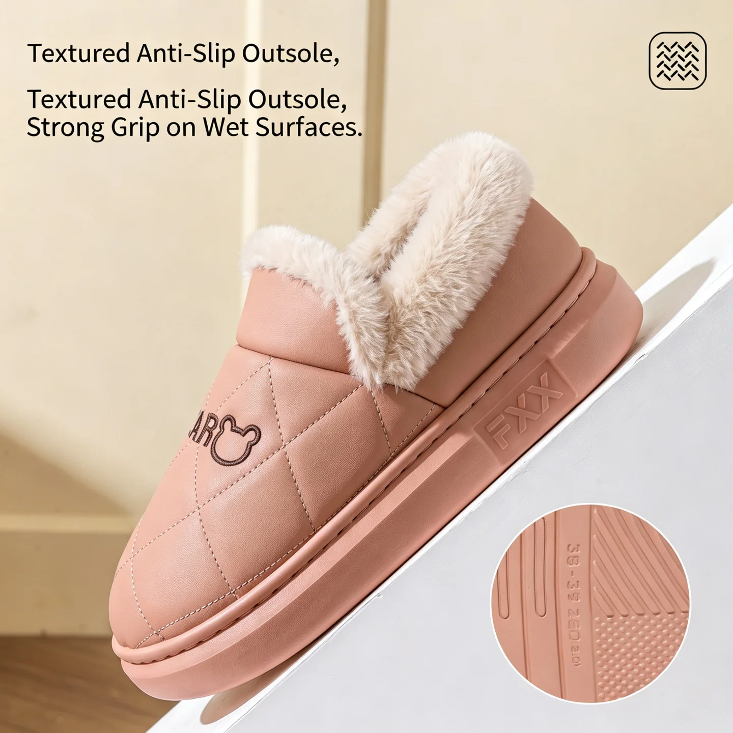 Winter Wasserdichte Hausschuhe für Damen und Herren, Warme Plüsch-Hausschuhe mit Dicker Sohle, Bären-Stickerei, Rutschfeste Indoor-Baumwoll-Fell-Schuhe – Detail 22
