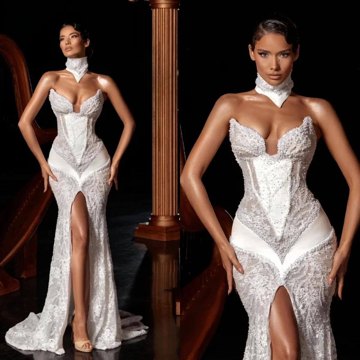 

Exquisite Strapless Pearls Mermaid Wedding Dress Luxury Beaded Lace Bridal Dress High Slit Customized vestidos de novia