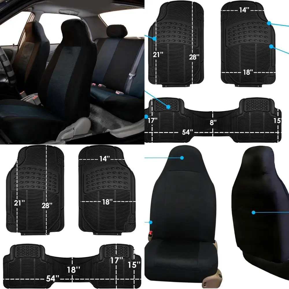 

FH-FB102114 Full Set Classic Cloth Car Seat Covers Solid Black with F11306 Vinyl Floor Mats - Fit Most Car, Truck, SUV, or Van