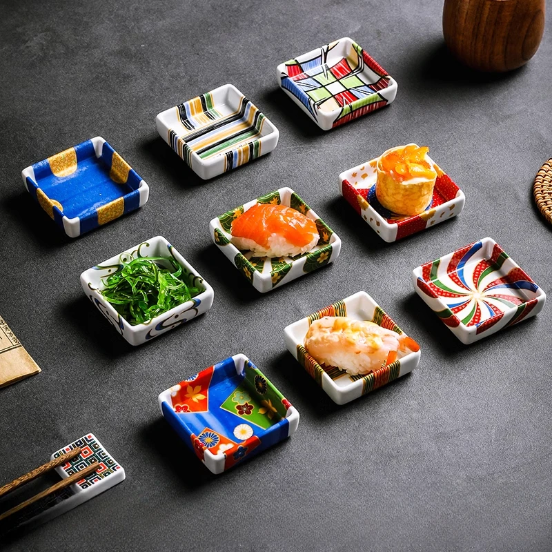 Kleine Dip-Sauce-Teller, Keramik-Vorspeisenschalen, japanische kreative Küche, Geschirr, Vorspeisenschüssel, quadratischer Gewürzteller