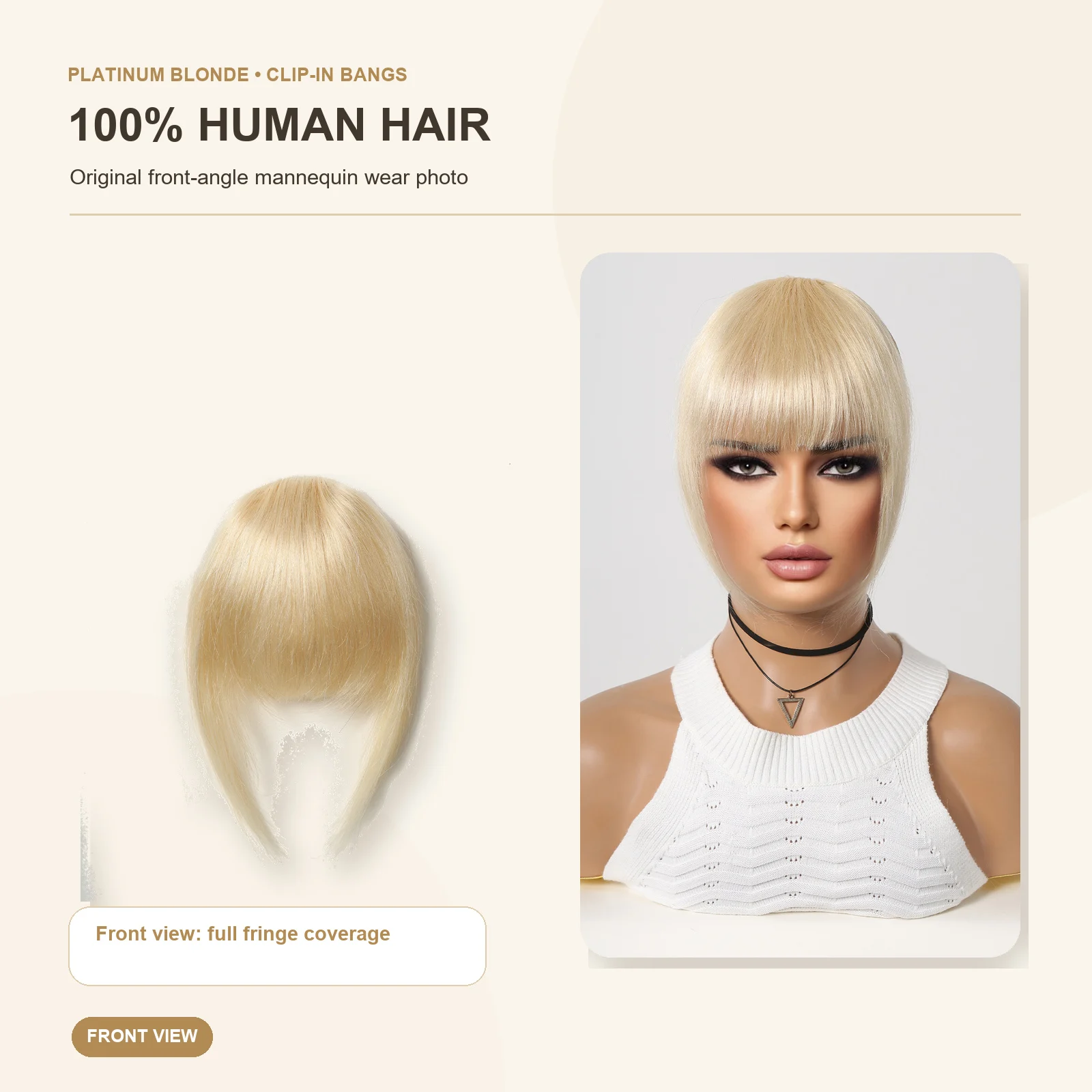 100% Human Hair Clip In Bangs Platinum Blonde Straight Fringe Hairpiece with Side Pieces One Clip Mesh Base for Women
