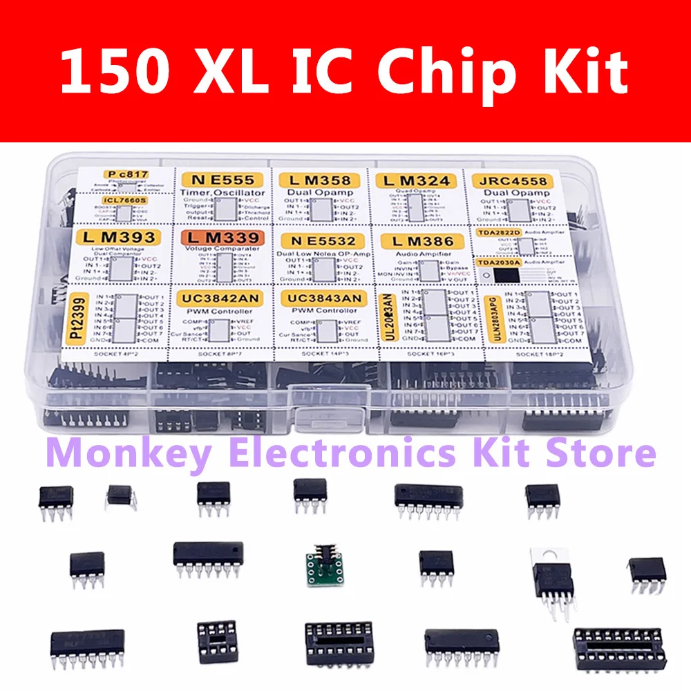 150pcs DIP Integrated Circuit Chip IC Boxed Chip Assortment Amplifier LM358 JRC4558 LM393 LM339 TDA2030A PT2 PC817 ICL7660 NE555