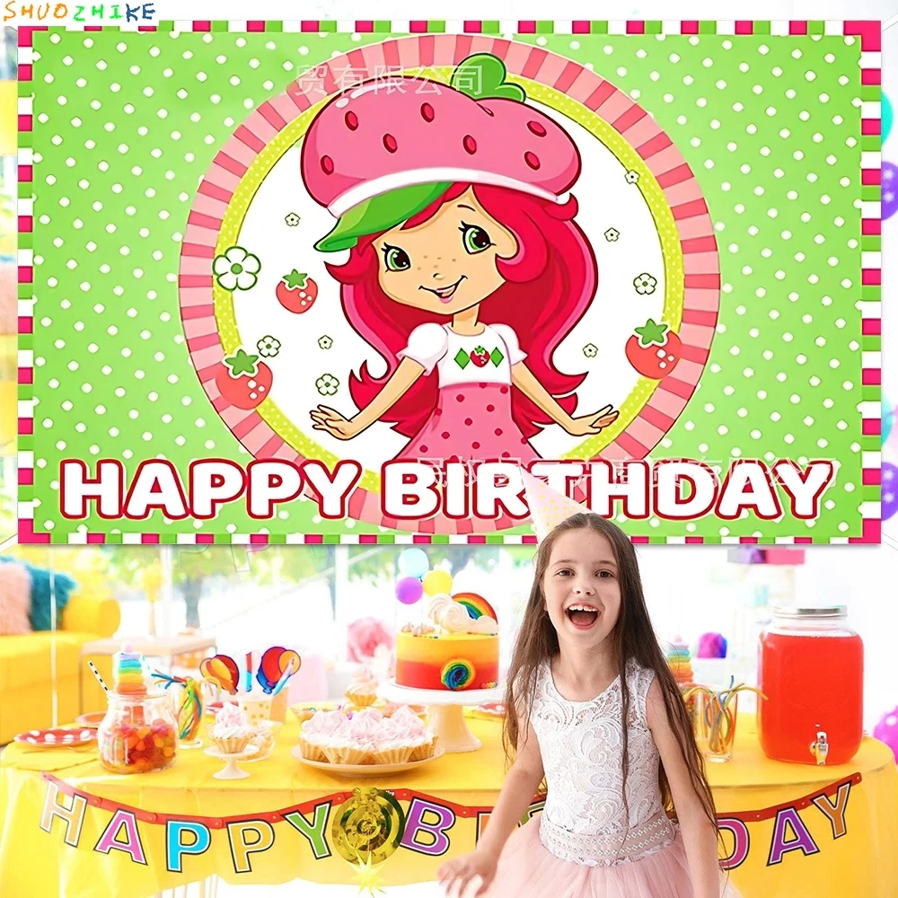 الكرتون الوردي لطيف الفراولة فتاة موضوع خلفيات للتصوير الفوتوغرافي حفلة عيد ميلاد الطفل دش الهدايا صور استوديو خلفية AY-01