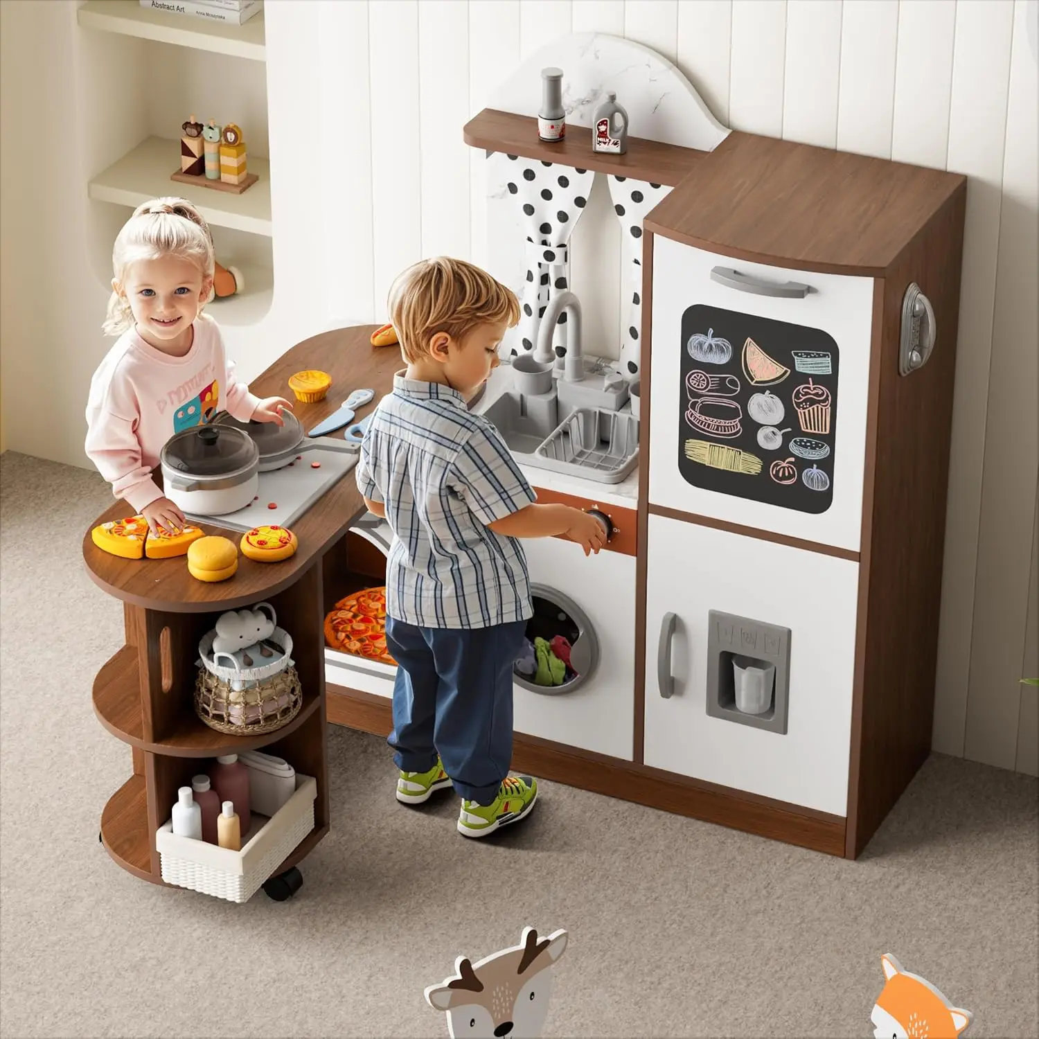 Wooden Play Kitchen With 180 Degree Rotation, Interactive Kids Corner Toy Kitchen Playset With Lights & Sounds, Toddler Kitchen