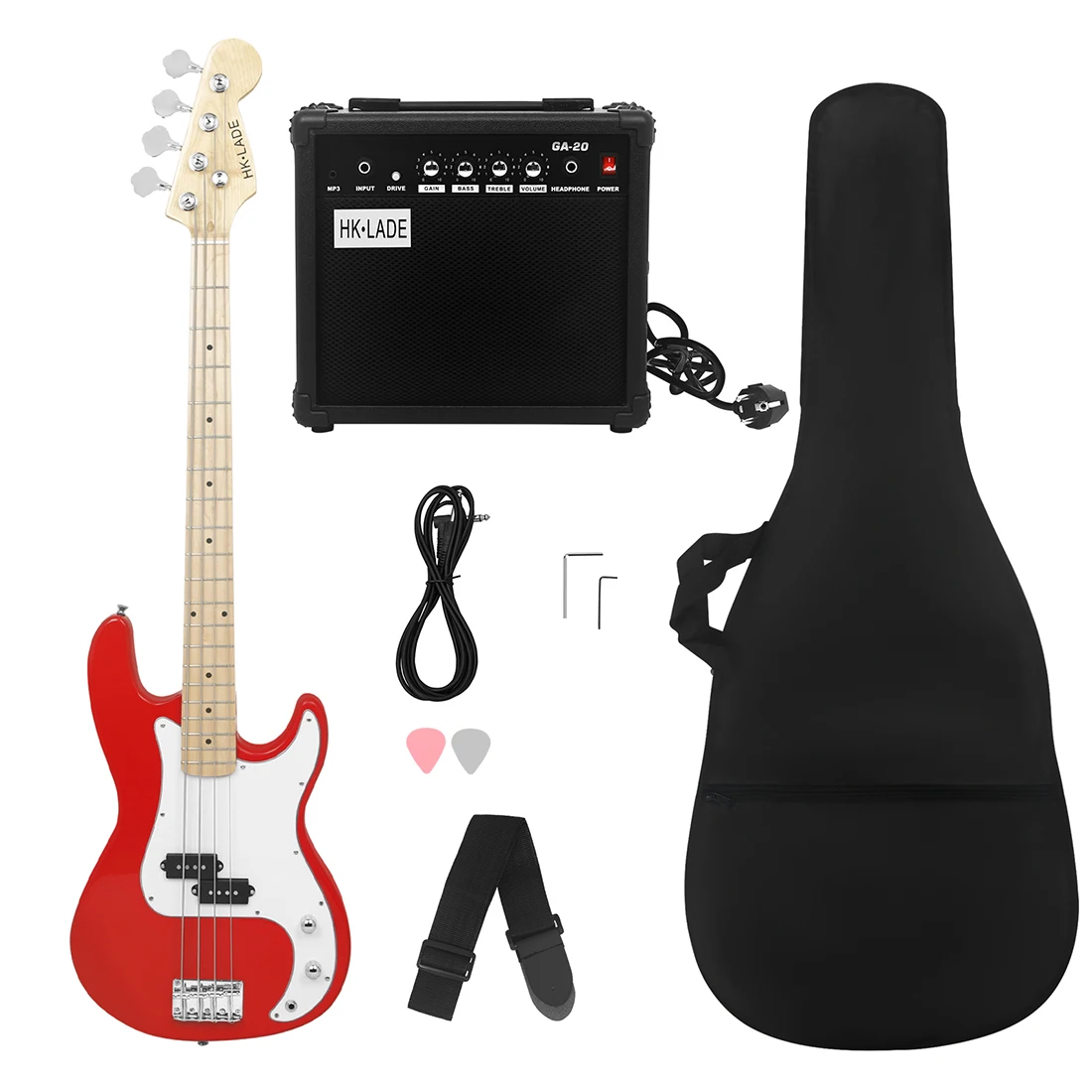 Red HK·LADE  20 Frets Electric Bass Guitar Maple Neck Body 4 Strings Guitarra with Audio Bag Strap Picks Parts & Accessories