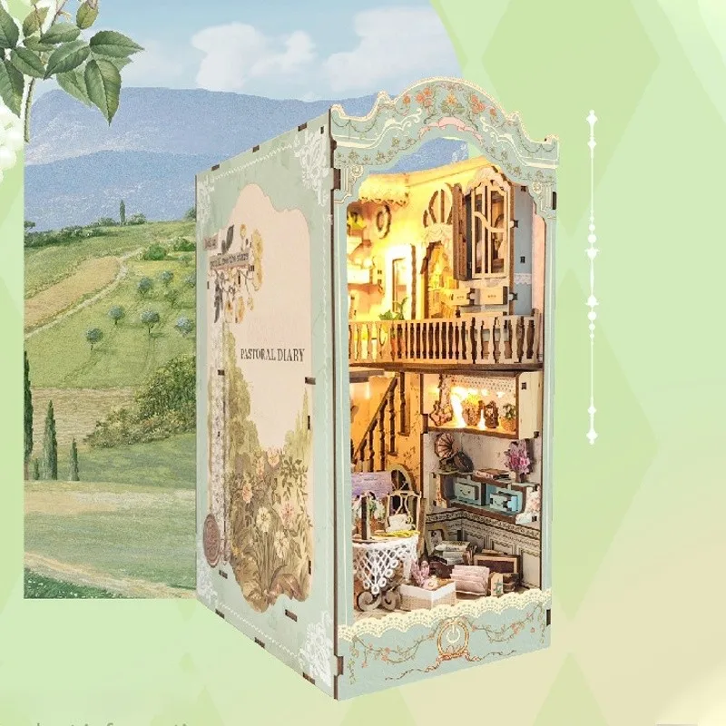 

DIY Wooden Book Nook Shelf Insert Kit, Miniature Fairy Tale Town Bookshelf Forest House Dollhouse Bookend Xmas Gifts Home Decor