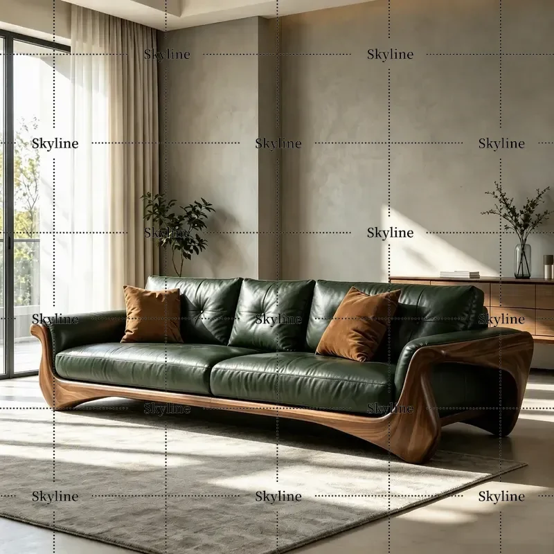 New Chinese Italian Style Black Walnut Leather Sofa Living Room High End Atmospheric Solid Wood Medieval Single Furniture