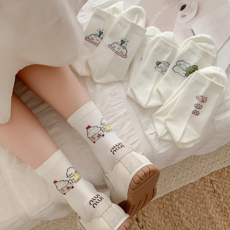 

Women's White Cotton Crew Socks Korean Preppy Style Thin Mid Calf Cat Pattern Slouchy Socks Cute Breathable All Seasons
