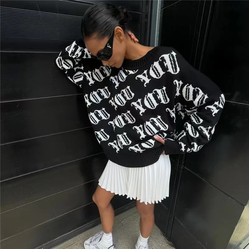 

New Lazy Sle Loose Knitted round Ne Letter Jacquard Sweater Comfortable Long Sve Casual Women's Faion Autumn Top