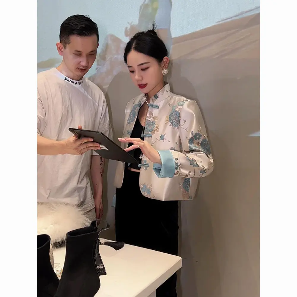 2026 new chinese style blouse chinoiserie fashion embroider matching coat women autumn blue lady casual daily tangsuits shirt