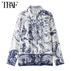 TRAF 2024 Women's Shirt Print Button up Shirts for Women Summer Boho Casual Shirts Women Long Sleeve Shirts and Blouses Female