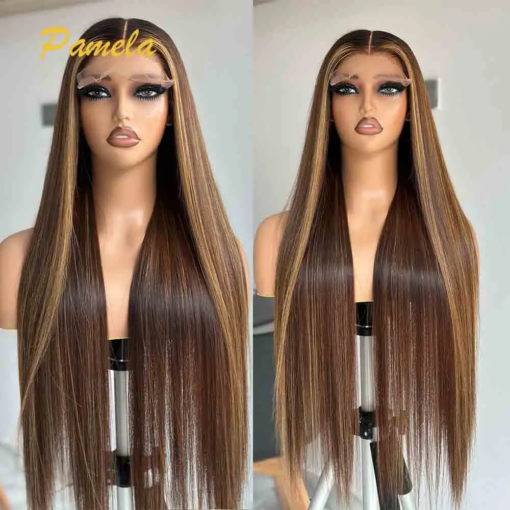 250% Density Highlight Bone Straight Lace Front Wig Ombre 4/27 Colored 13x6 HD Transparent Lace Front Human Hair Wigs For Women