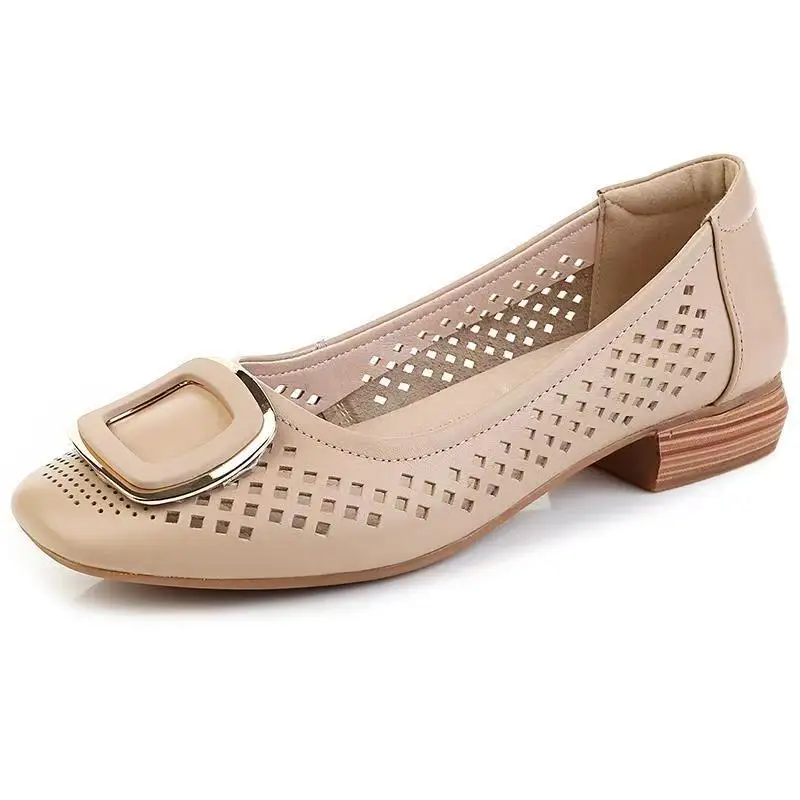 

Women's Leather Hollow Out Low Heel Shoes Spring Summer New Square Toe Shallow Slip On Breathable Nude Shoes Mom's Sandals