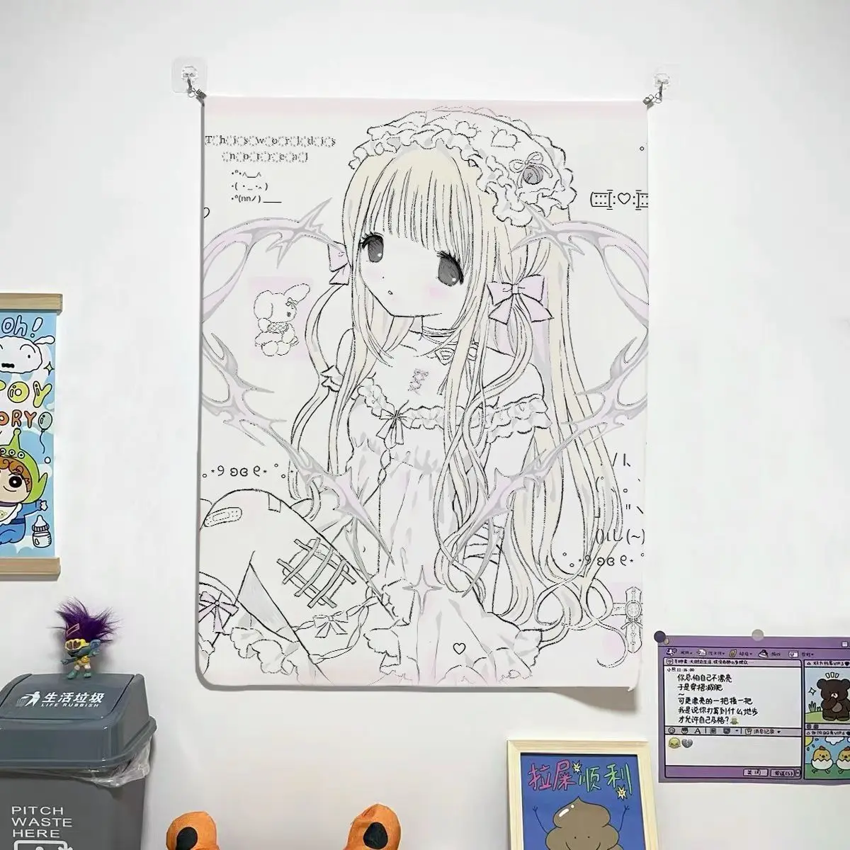 VIKAMA Vintage Lolita Girls Sketch Wall Tapestry Bow Ornament Wall Hanging Cute Line Drawing Dorm Bedroom Background Decor
