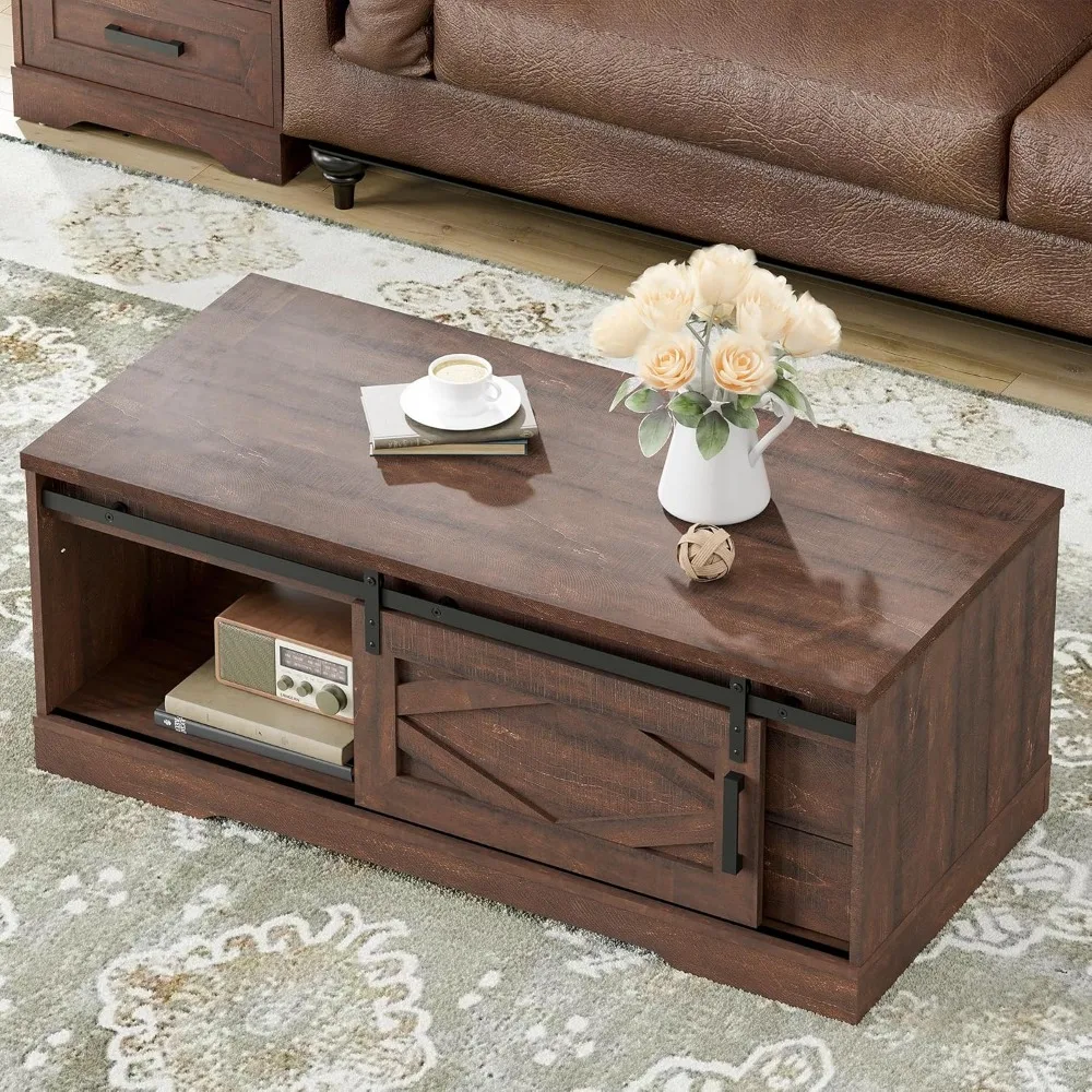 Rectangular Coffee Table with Sliding Barn Door,Rustic Center Table with Hidden Storage Compartment and Drawers for Living Room