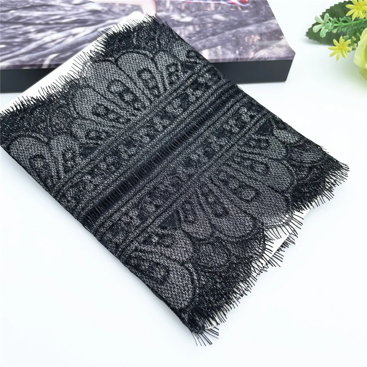 3y/lot Width 17cm Black With Silver No-Elastic Eyelash Lace Trim For Clothing Accessory Dress Sewing Applique Costume Lace