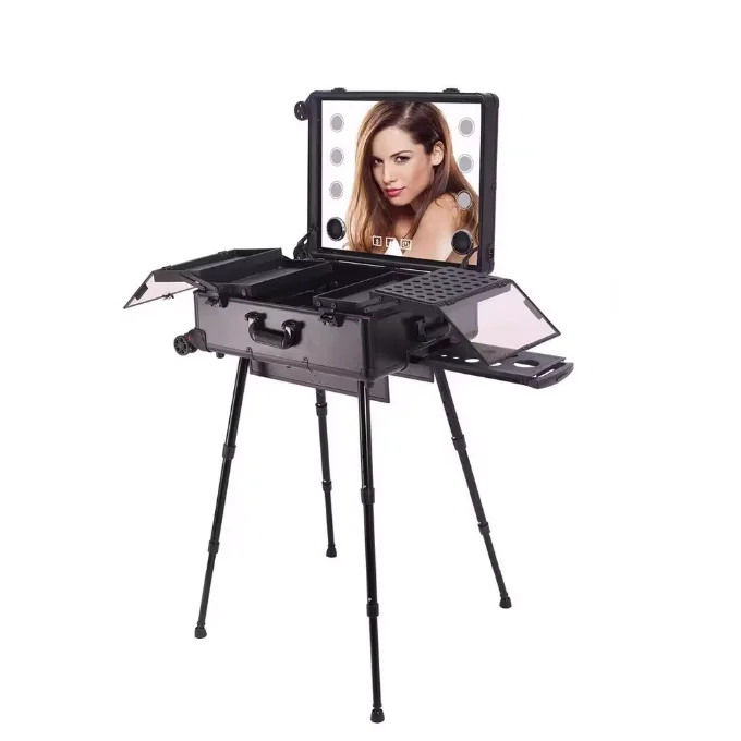 Led Makeup Station 24 Inch Big Storage Makeup Carry case    Lash Hair Kits Suitcase Function Trolley Mirrored Case music