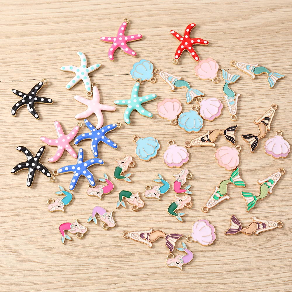 10 Stück niedliche, gemischte Emaille-Anhänger mit Motiven von Meereslebewesen, Seesternen, Muscheln und Meerjungfrauen für die Schmuckherstellung, Halsketten, Ohrringe, DIY-Bastelbedarf – Detail 3