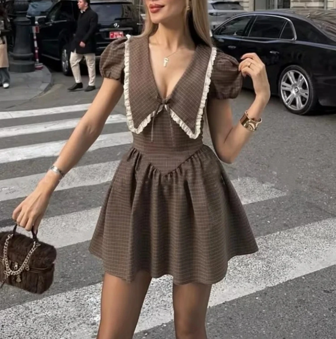 

Women Casual Deep V-neck High Waist Mini Dress Brown Plaid Puff Sleeve Zip-up Summer Dress