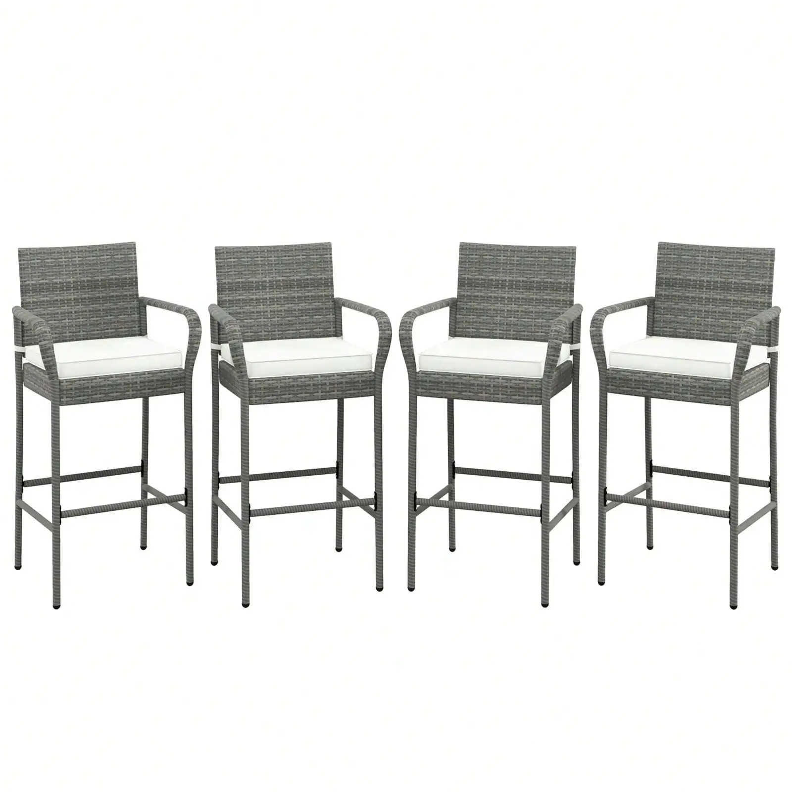 

Set of 4 Rattan Patio Bar Stools Outdoor Bar Height Chairs w/ Cushions