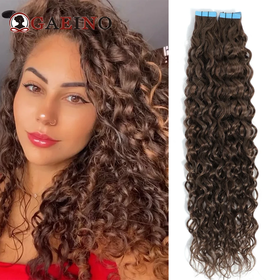 テープインヘアエクステンションウォーターウェーブ本物の人毛2--ダークブラウンナチュラルキュラルテープ髪エクステンションスキン横糸ヘアピース-2-グラム-ピース