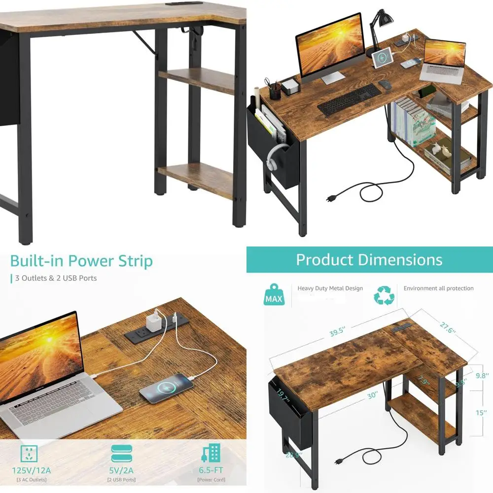 

Стол Г-образной формы Rustic Brown 40 с розетками и зарядной станцией для компактных домашних офисов