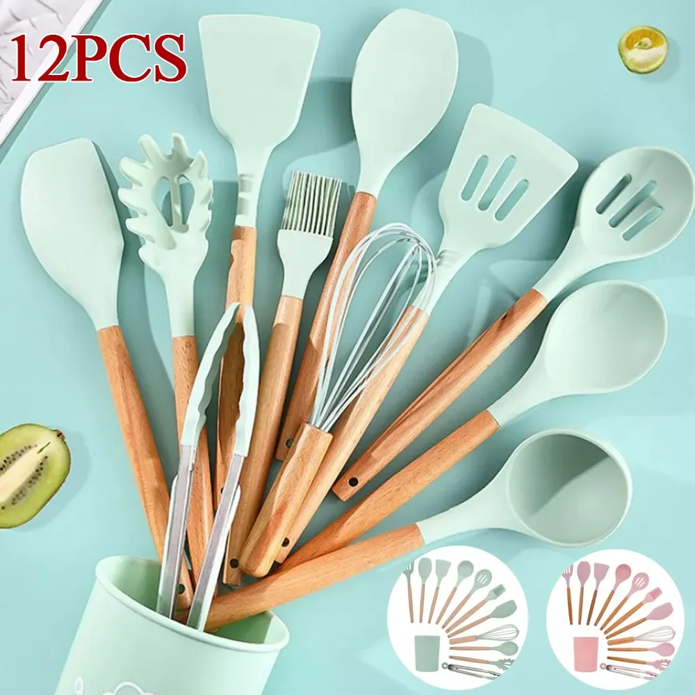 12Pcs Kitchen Silicone Cooking Utensils Set Nonstick Baking Cooking Spatula Gadget Spoon Tools Wooden Handles Pink and Green