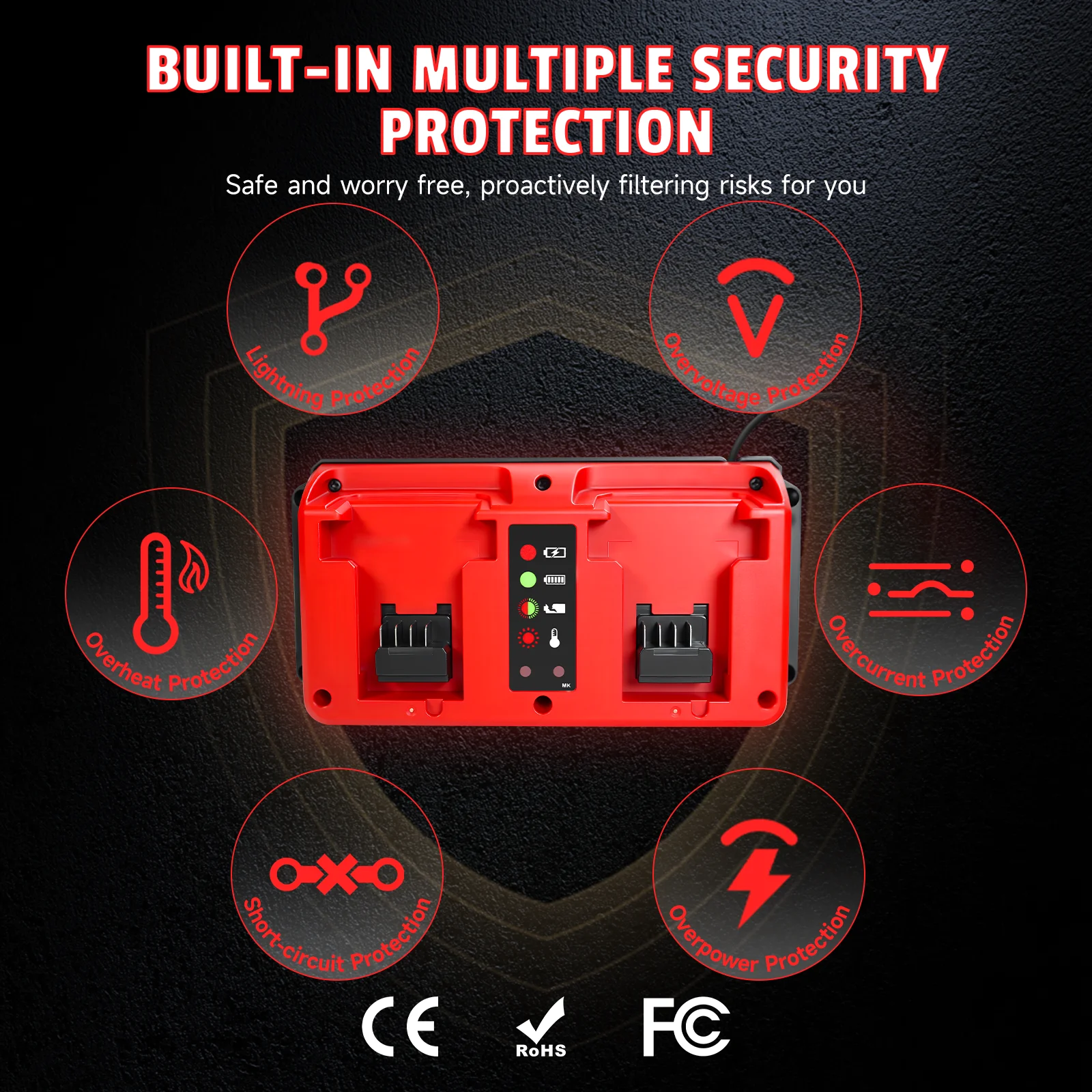 Náhradní rychlonabíječka pro Milwaukee 18V lithiovou baterii, dvojitý port 90W, vícenapěťová rychlonabíječka lithium-iontových baterií - náhled 4