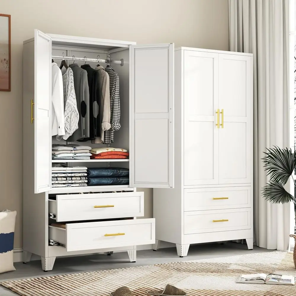71" H Metal Armoire Wardrobe Closet with 2 Ders, Adjustable Shelve, Clothes Drying Pole, Steel Wardrobe Cabinet or Bedroom (Whit