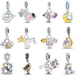 Cute Cat And Dog Series 925 Sterling Silver Moon Butterfly Paw Print Charms 3mm DIY Fine Jewelry Gifts Making