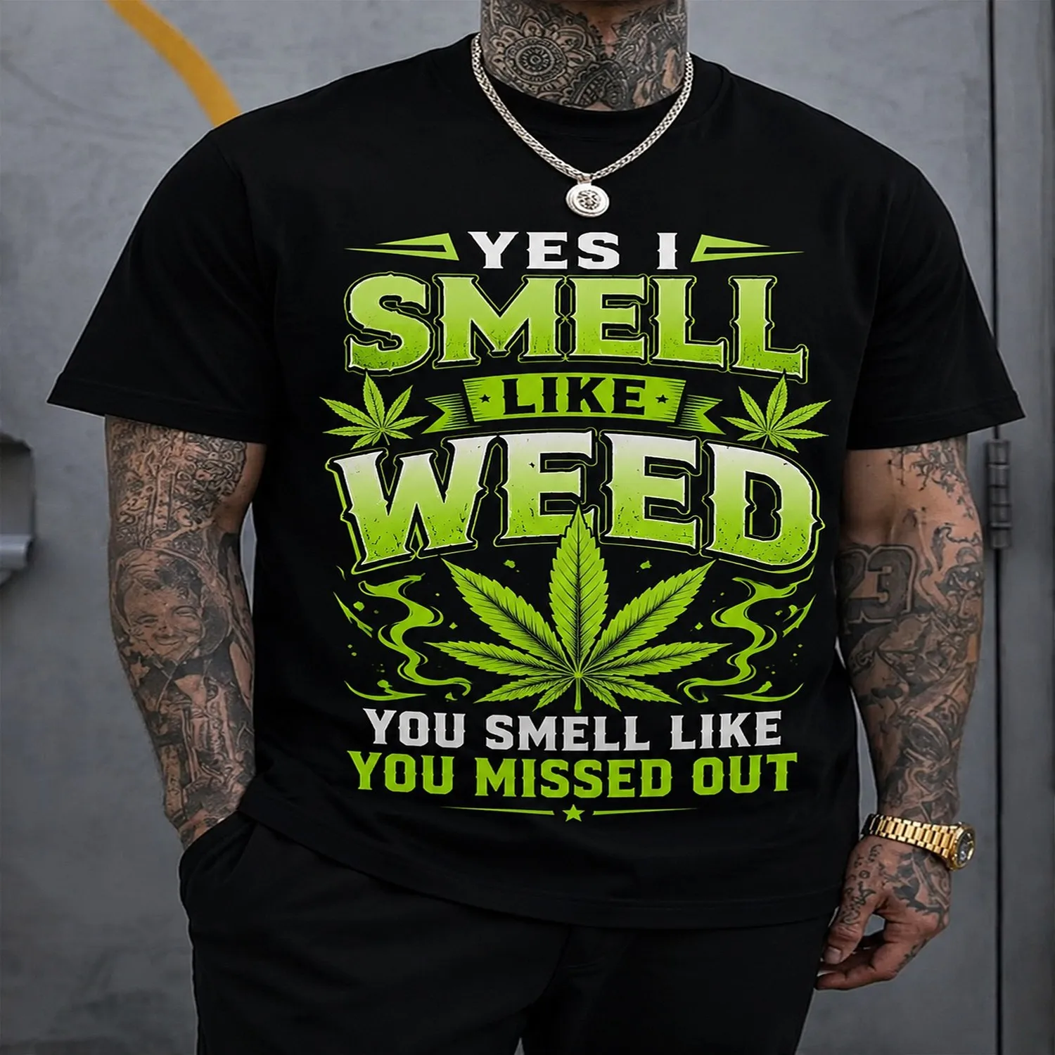 Men's Casual Print T-shirt-_Yes I Smell Like Weed_ Pattern T-shirt Round Neck Short-sleeved Shirt Suitable for Summer and Spring Lightweight Breathable Fabric Christmas Halloween Men's Clothing M Cotton Tee, Gift For Him