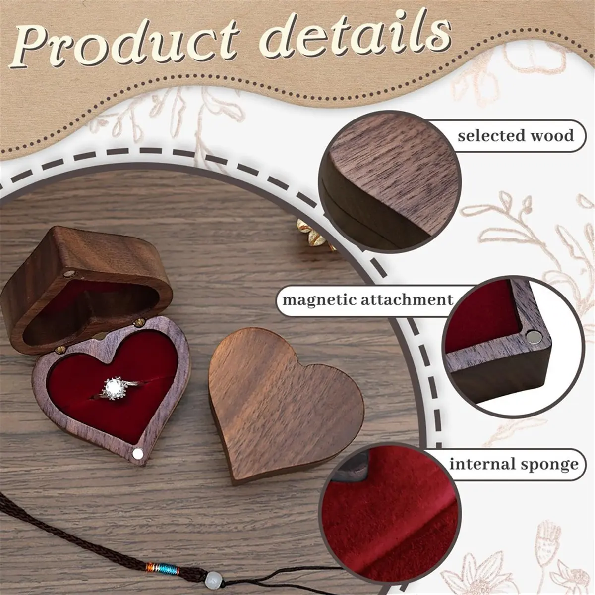 ABZF 2026 Heart-Shaped Ring Box Wooden Ring Jewelry Box Romantic Wedding Ring Holder Engagement Ring Box Proposal Anniversary,D