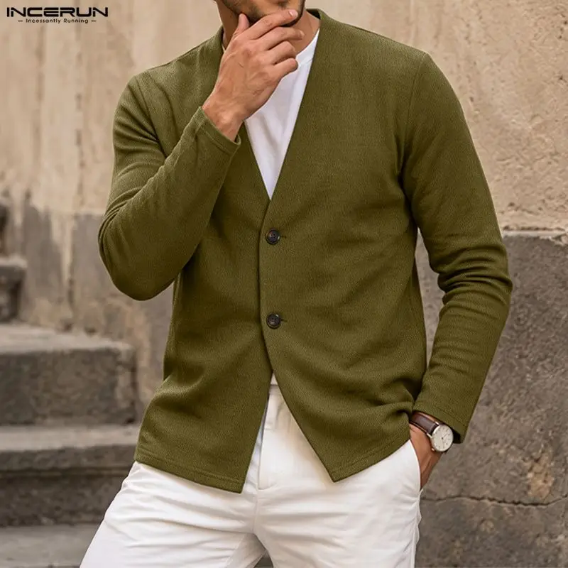 INCERUN Men Cardigan Solid Color V Neck Button Long Sleeve Outerwear For Man Streetwear 2026 Vintage Casual Male Coats Cardigan