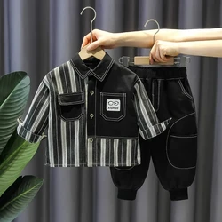 Boys' Spring and Autumn Clothing Set 2023 New Children's Fashion Shirt and Pants 2-Piece Set Baby Stripe Top Set