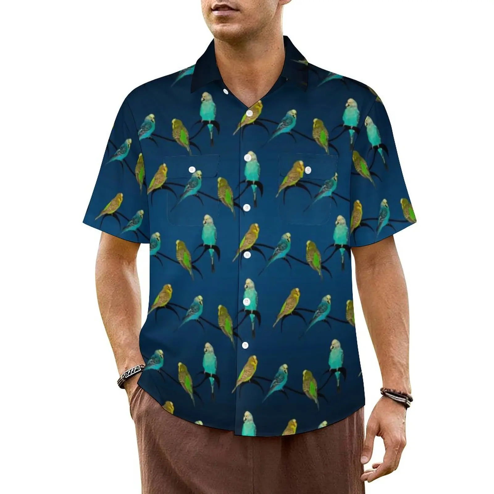 

Birds Pet Print Vacation Shirt Budgie Frenzy Hawaiian Casual Shirts Men Vintage Blouses Short-Sleeved Korean Fashion Design Top