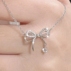Korean Crystal Bowknot Pendant Necklaces For Women Cute Shiny Bow Clavicle Choker Necklace Sliver Chains Fashion Jewelry Gifts