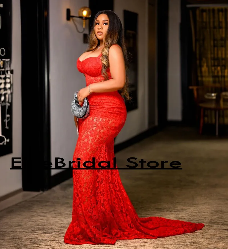 Formal Red Lace Evening Dresses Sleeveless Modest Mermaid Wedding Party Dress Guests robe de soirée Customized