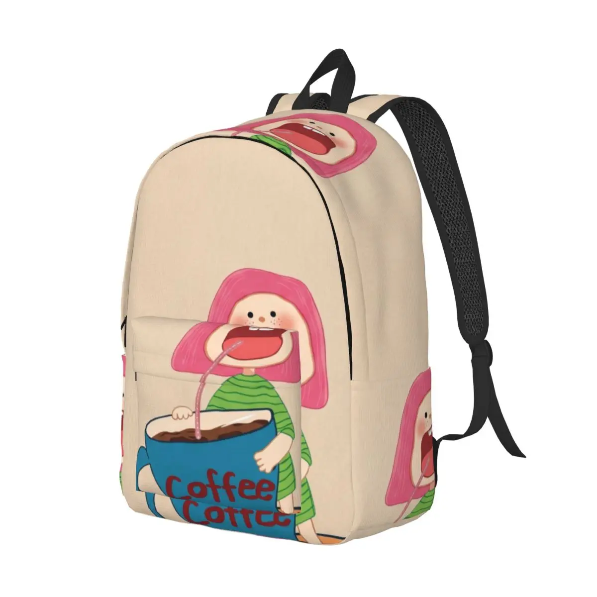 Gothic School Backpack Center Coffee Character Whimsical Cartoon Beige Coffee Brown Black Fun Bookbag for Girls Teens School Gym