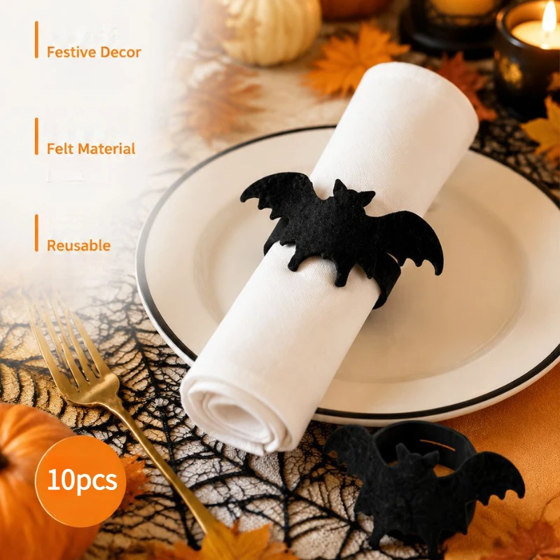 10pcs Halloween Felt Bat Napkin Ring，Holiday Party Table Decoration Napkin Ring，Napkin Storage，Atmosphere Decoration Supplies